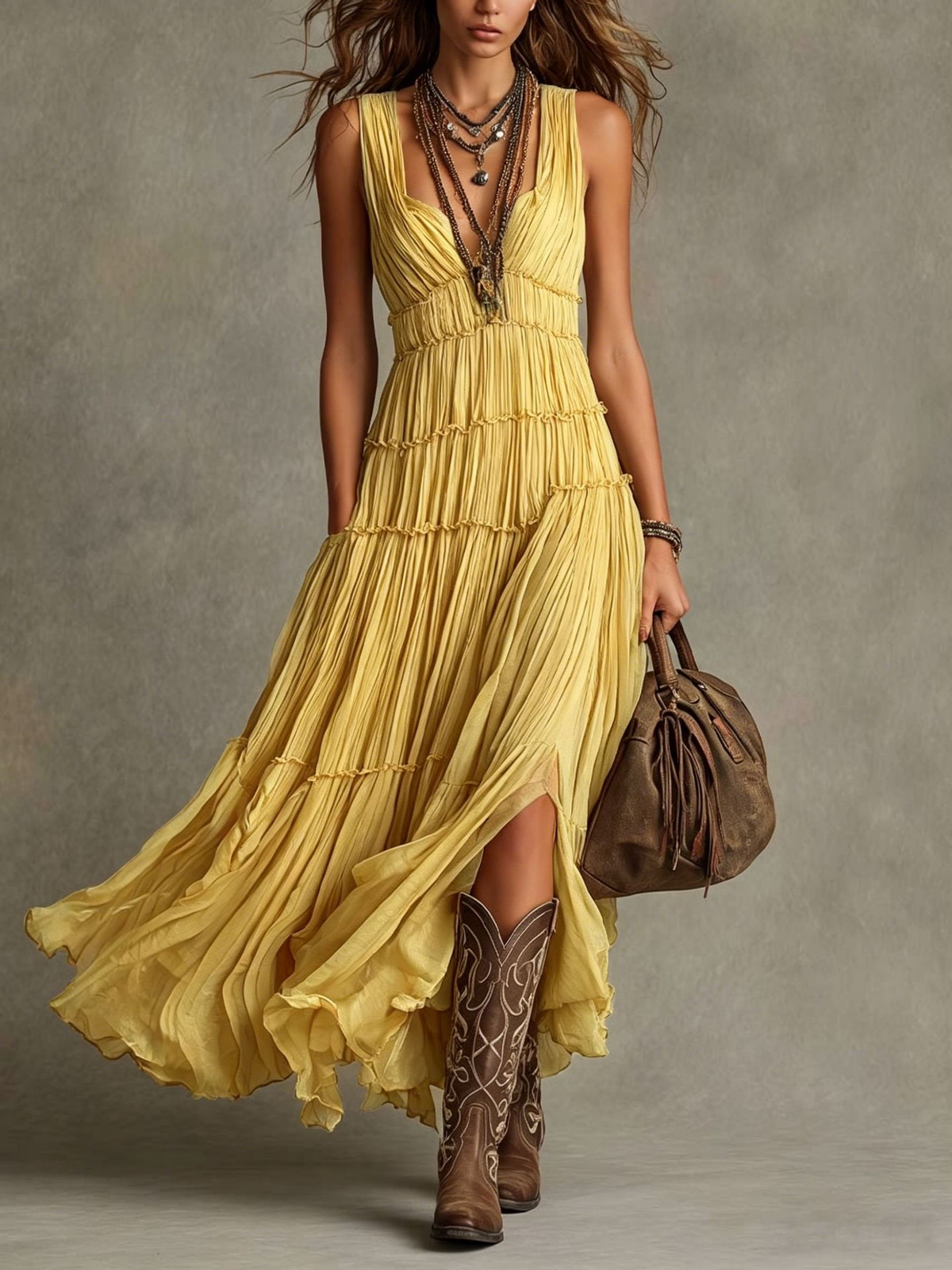Vestido Largo con plisado, gasa, escote en V y caída fluida - Verde Salvia