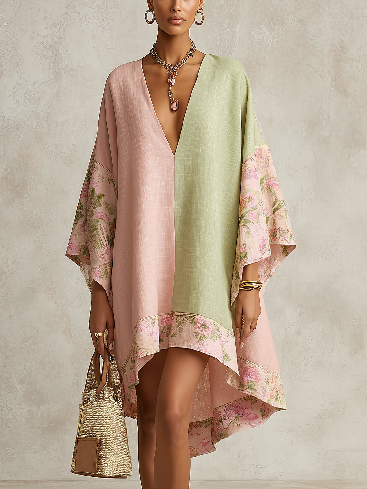 Vestido Estampado Rosa con color block, ribete y floral - Rosa