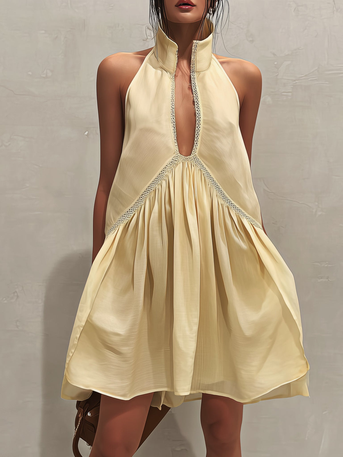 Minivestido Amarillo Sin Mangas con escote en V y remate de encaje - Amarillo