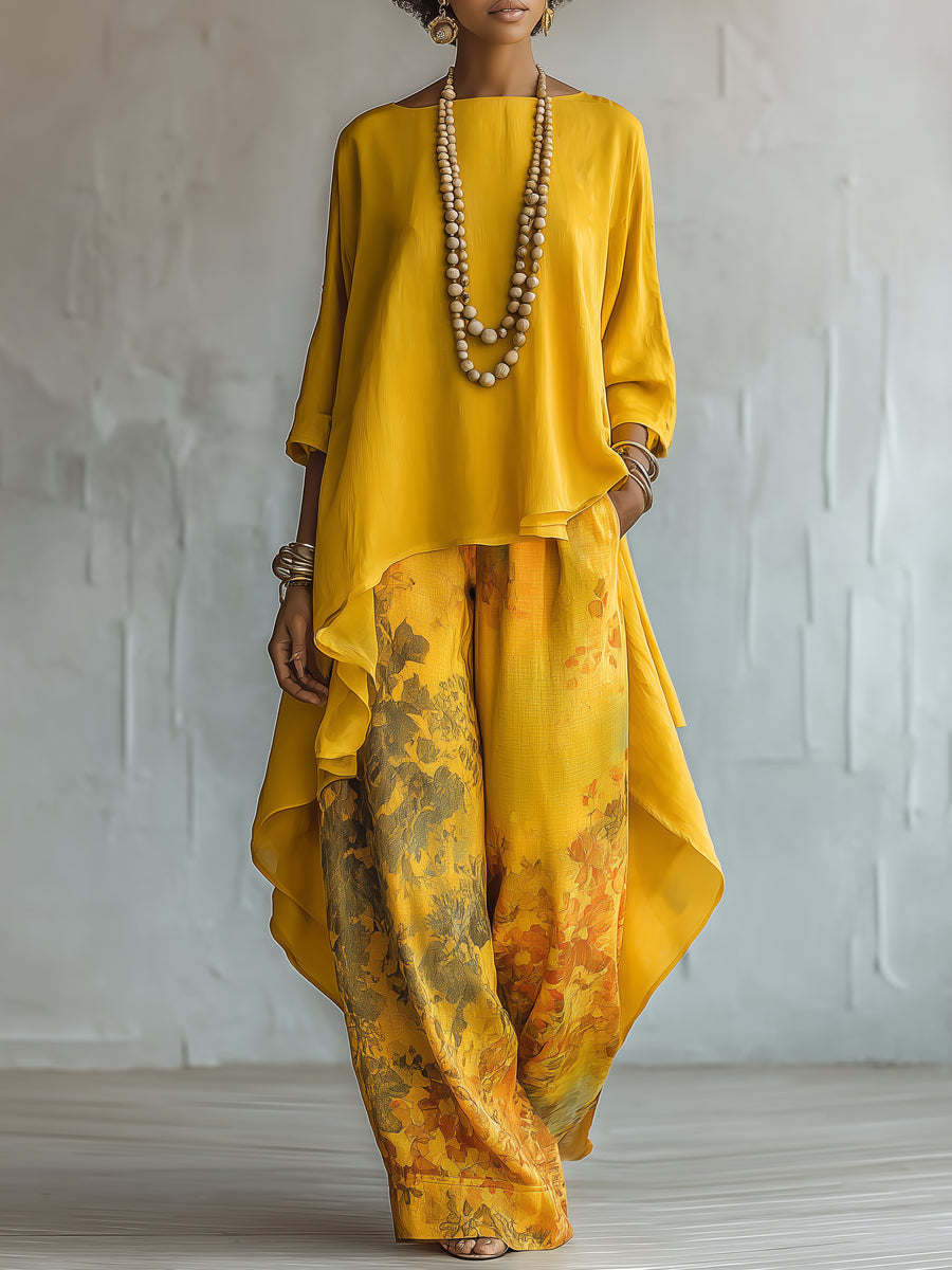 Conjunto de Pantalón Amarillo con corte asimétrico, pierna ancha y floral - Amarillo