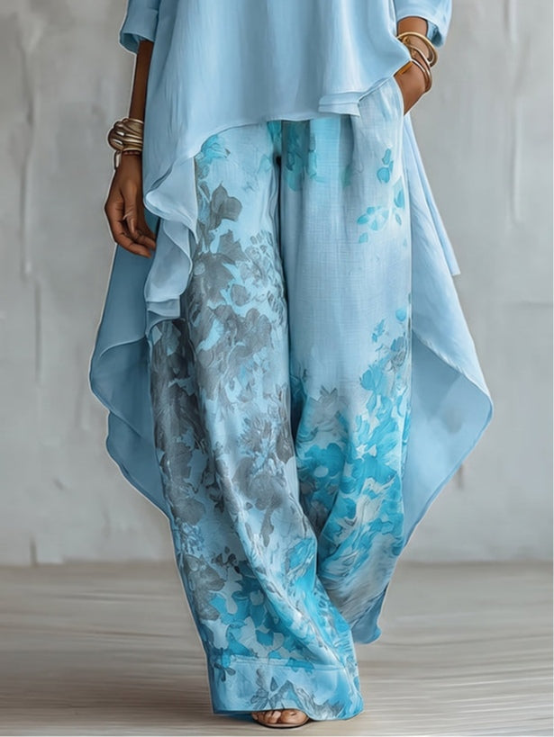 Conjunto de Pantalón Azul con corte asimétrico, pierna ancha y floral - Azul