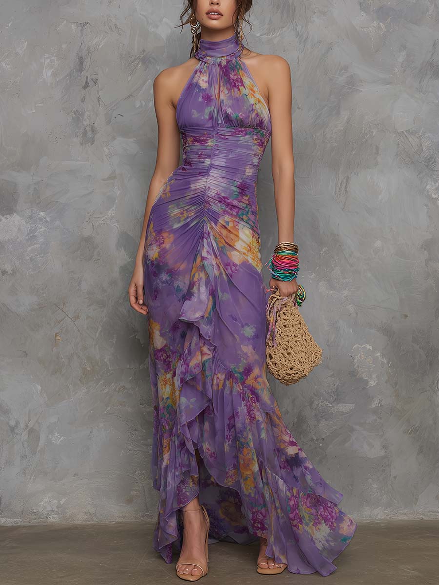 Vestido Estampado Elegante Morado con gasa, escote halter y floral - Morado