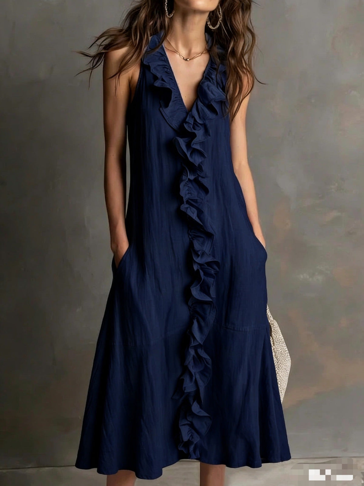 Vestido de Verano Sin Mangas con escote en V, volante y liso - Albaricoque