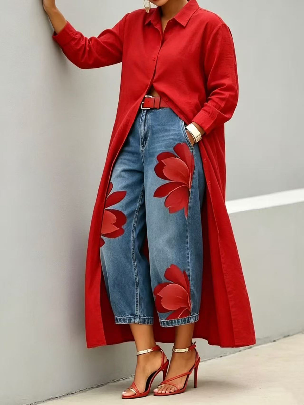 Conjunto con pierna ancha, vaquero y floral - Rojo