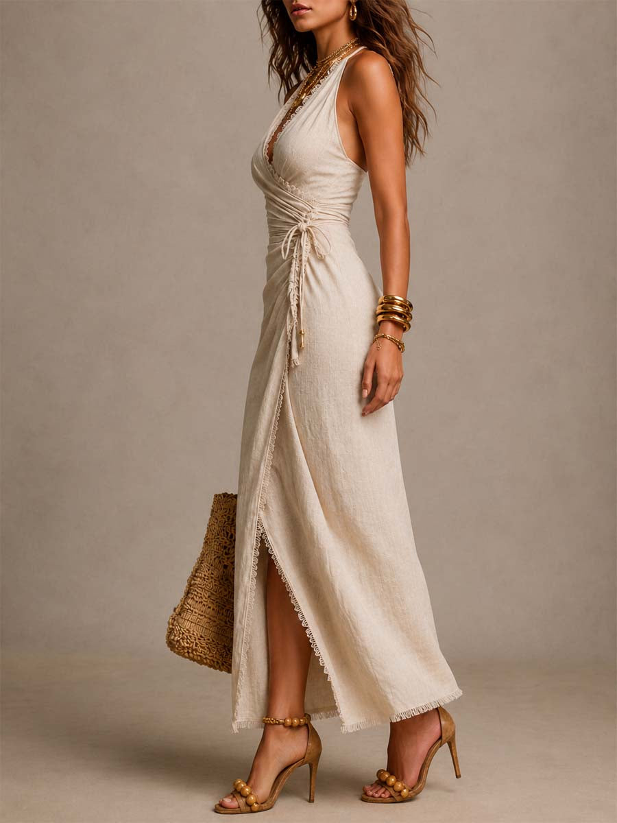 Vestido Largo Beige con lino, cruzado y remate de encaje - Beige