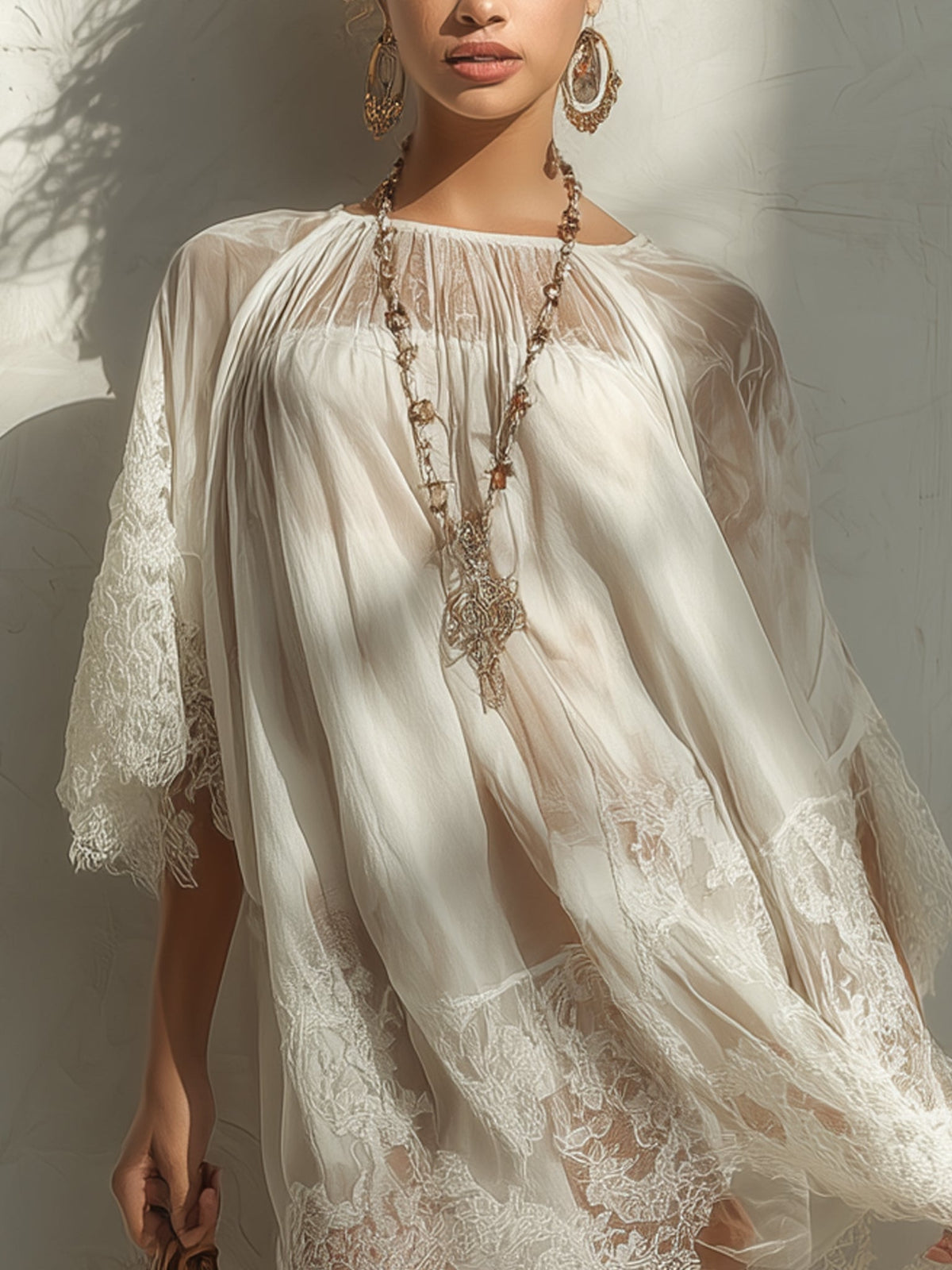 Minivestido Blanco con paneles de encaje y gasa - Blanco