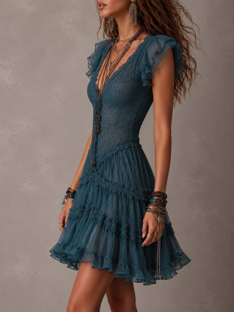Minivestido Retro Azul con encaje, gasa y volantes - Azul