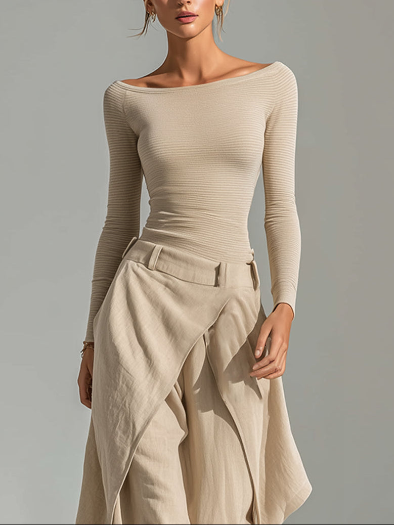 Conjunto Beige con escote barco, por capas y pierna ancha - Beige