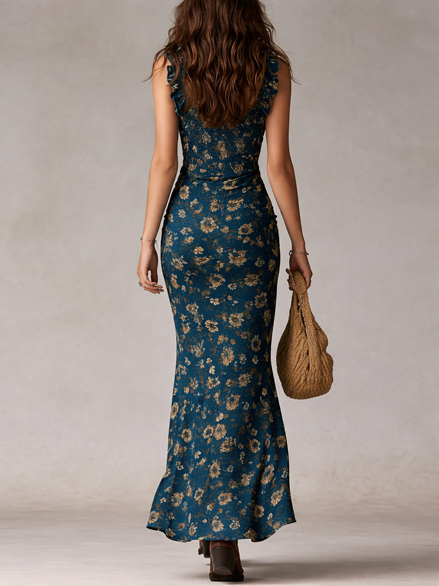 Vestido Estampado Boho Azul Marino con volantes y estampado - Azul Marino