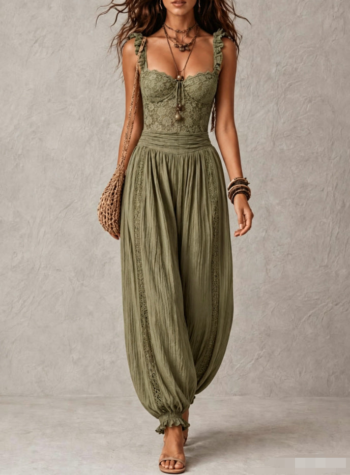 Conjunto de Pantalón con encaje, plisado y algodón - Gris