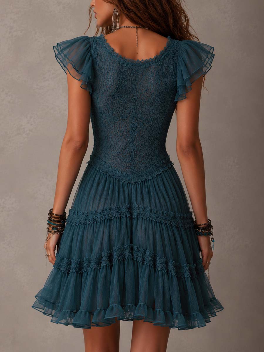 Minivestido Retro Azul con encaje, gasa y volantes - Azul