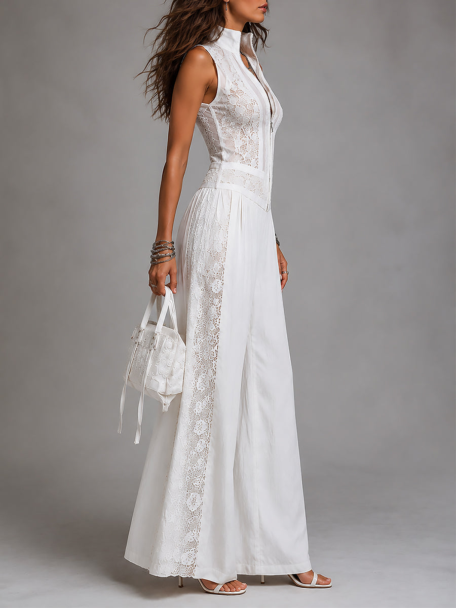 Mono Vintage Blanco con cuello mao, pierna ancha y encaje - Blanco