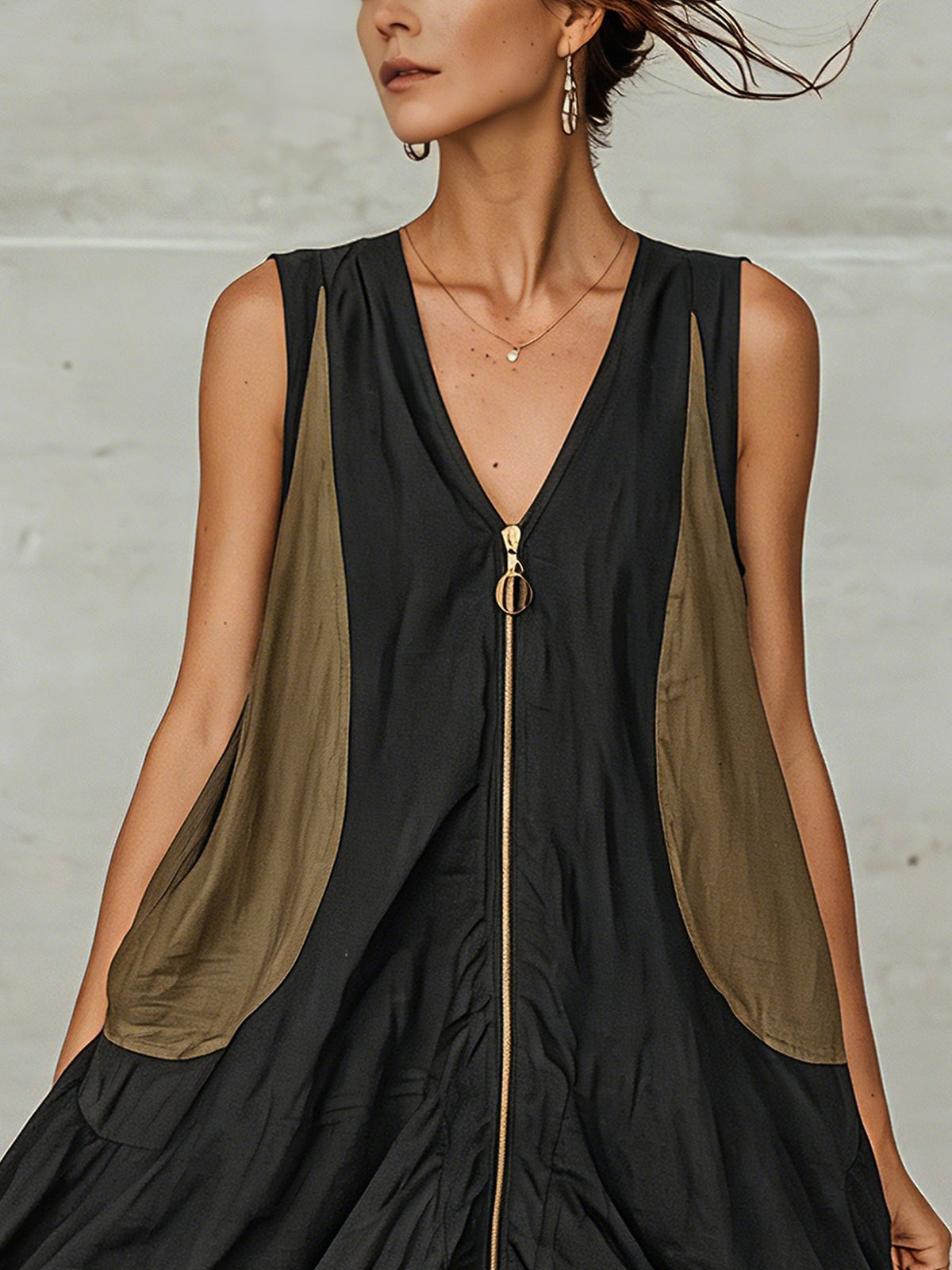 Minivestido Negro con color block y cremallera delantera - Negro