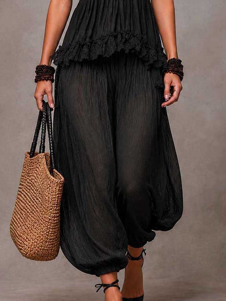 Conjunto de Pantalón Boho Negro con escote en V y encaje - Negro