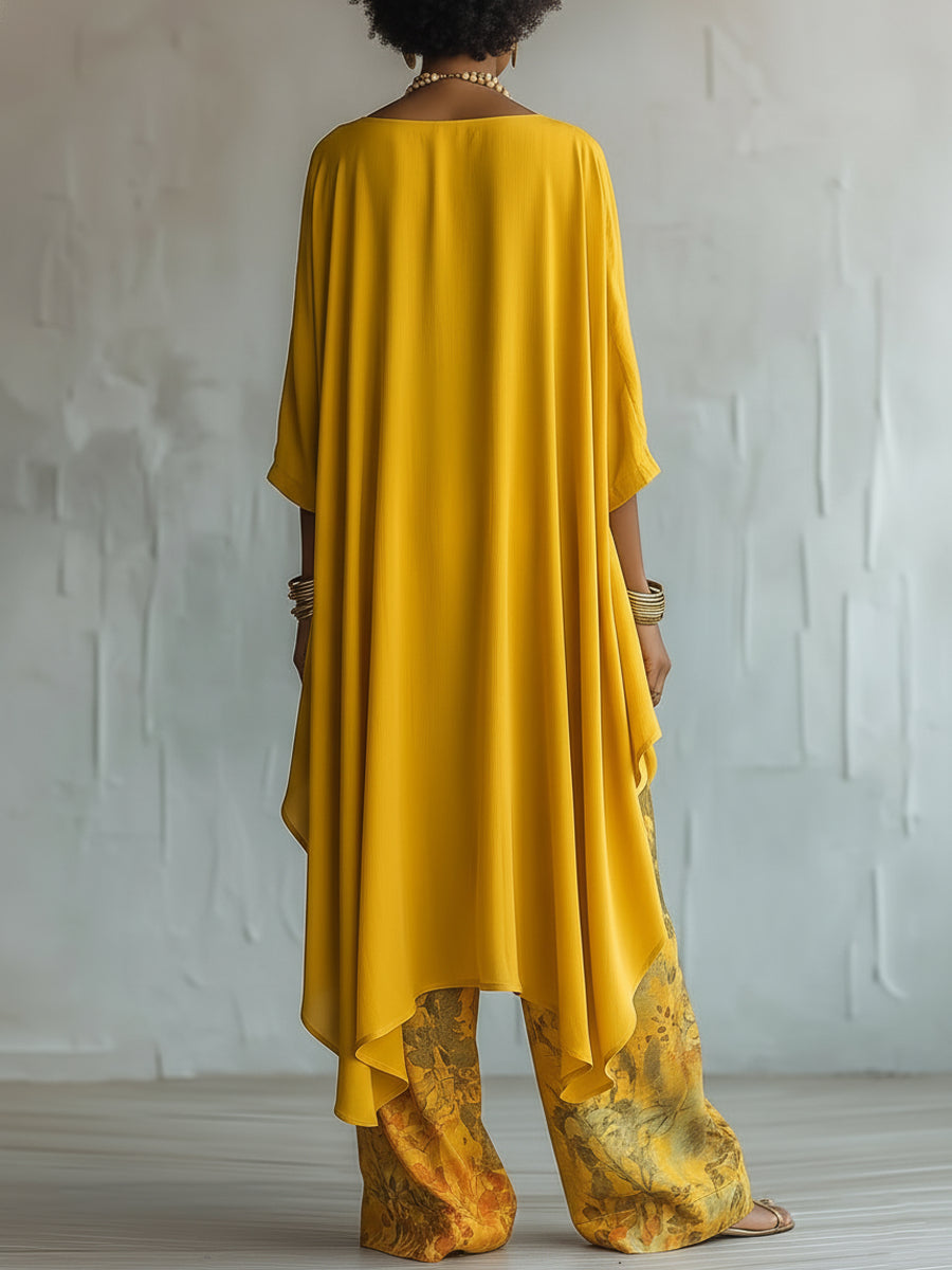 Conjunto de Pantalón Amarillo con corte asimétrico, pierna ancha y floral - Amarillo