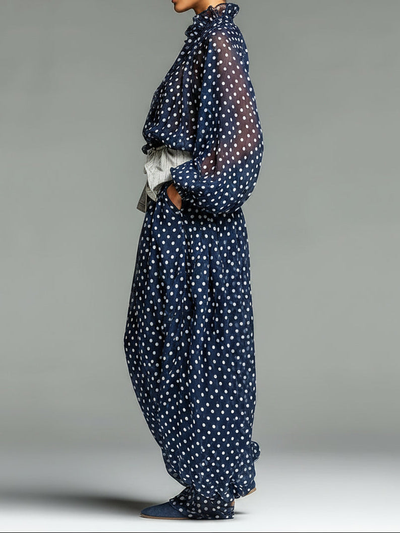 Conjunto de Pantalón Casual Azul Marino Corte Holgado con gasa y cinturón - Azul Marino