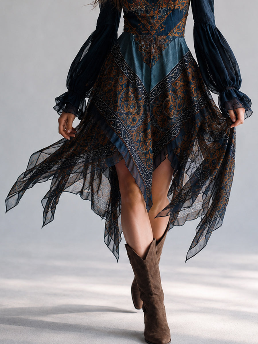 Vestido Estampado Boho Azul Marino con estampado - Azul Marino