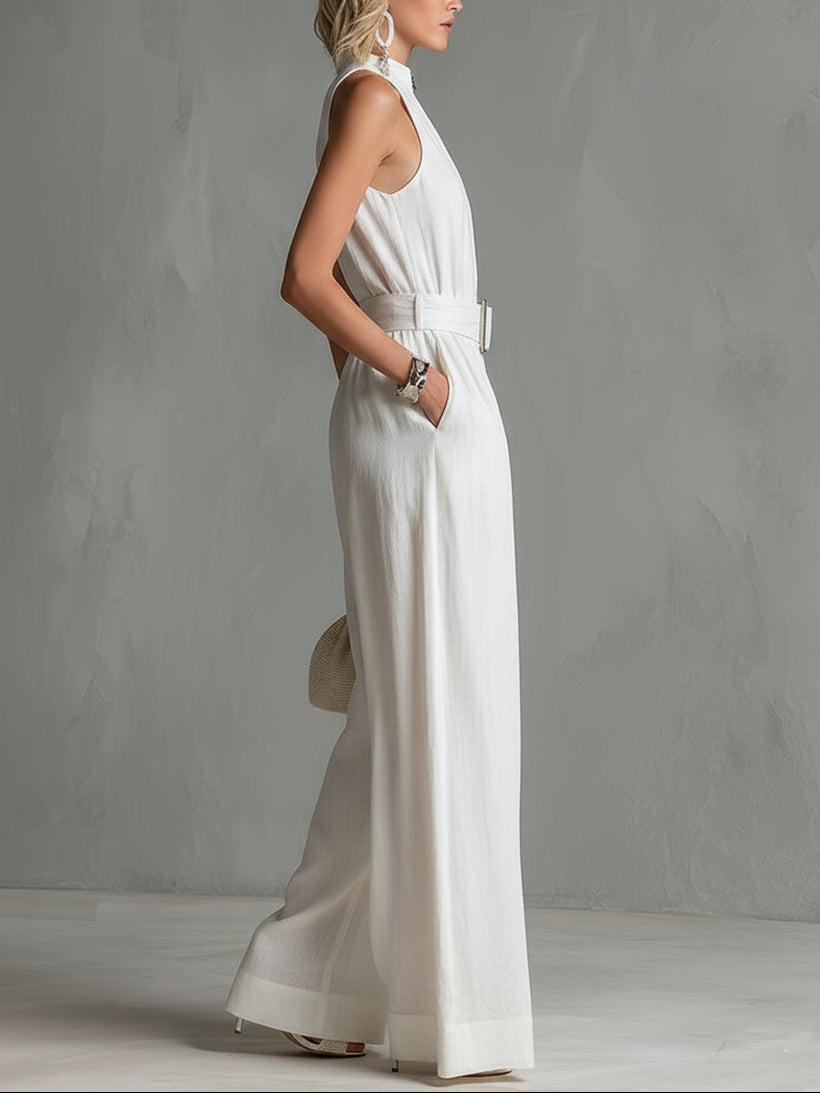 Mono Elegante Blanco Sin Mangas con cinturón y pierna ancha - Blanco