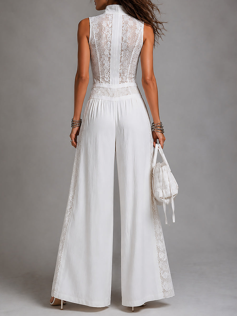Mono Vintage Blanco con cuello mao, pierna ancha y encaje - Blanco