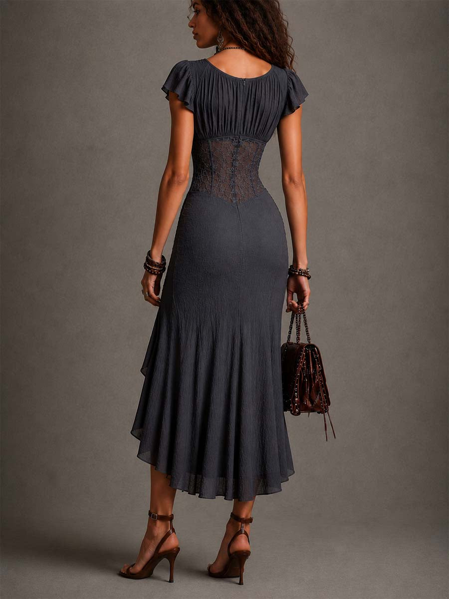 Vestido Midi Gris Oscuro con plisado y encaje - Gris Oscuro