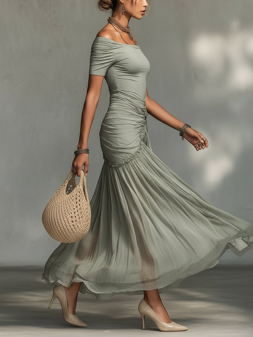 Vestido Largo Gris con gasa - Gris