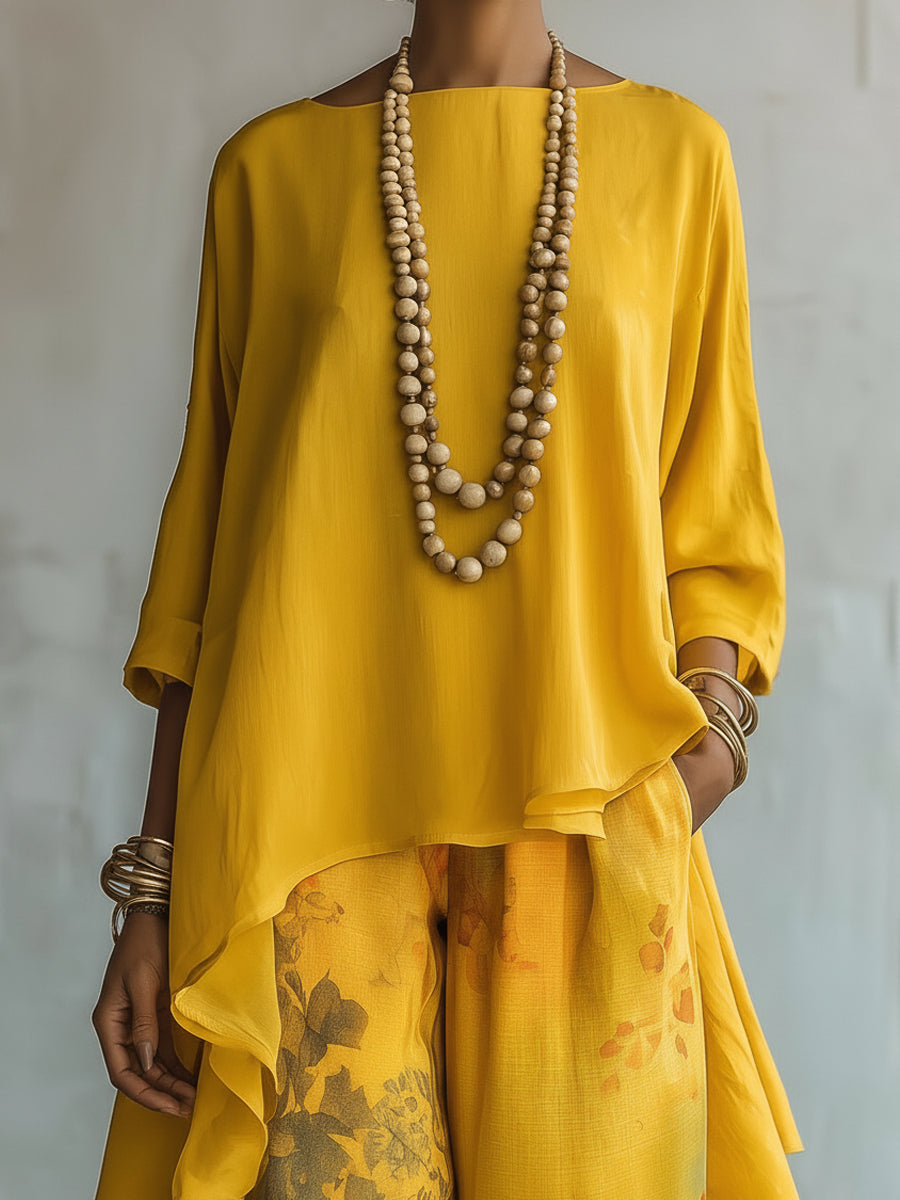 Conjunto de Pantalón Amarillo con corte asimétrico, pierna ancha y floral - Amarillo