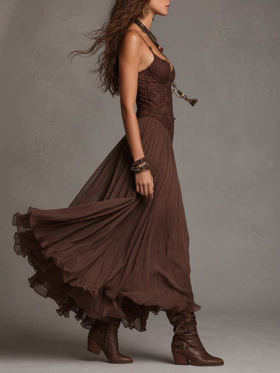 Vestido Largo Marrón con paneles de encaje y gasa - Marrón