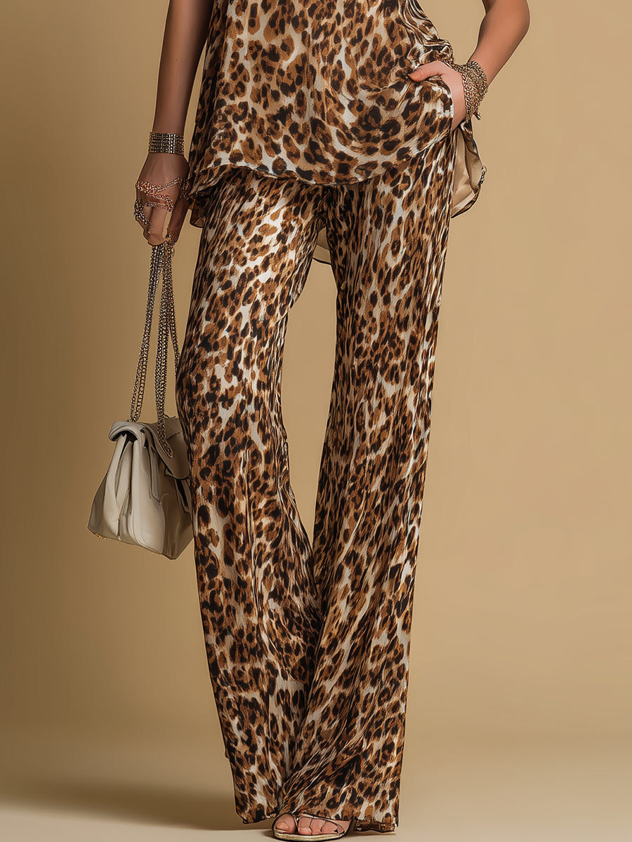 Conjunto de Pantalón Elegante Marrón Sin Mangas con estampado de leopardo, gasa y estampado - Marrón
