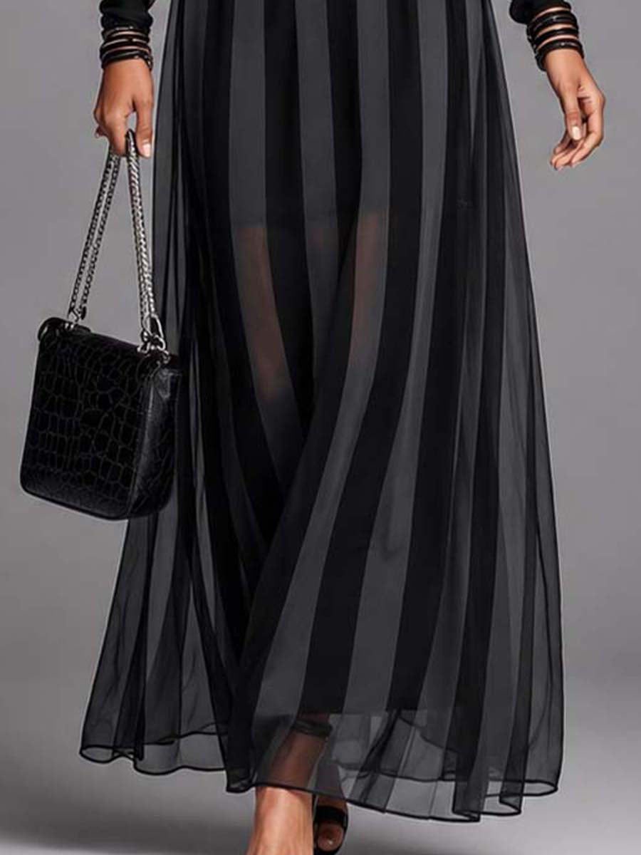 Vestido Largo Negro Manga Larga con a rayas, malla y cinturón - Negro