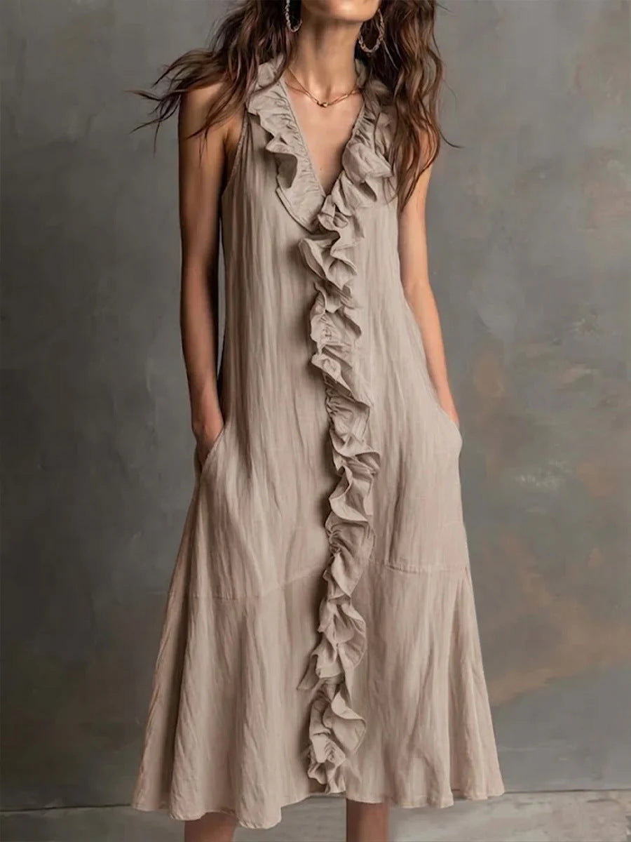 Vestido de Verano Sin Mangas con escote en V, volante y liso - Albaricoque