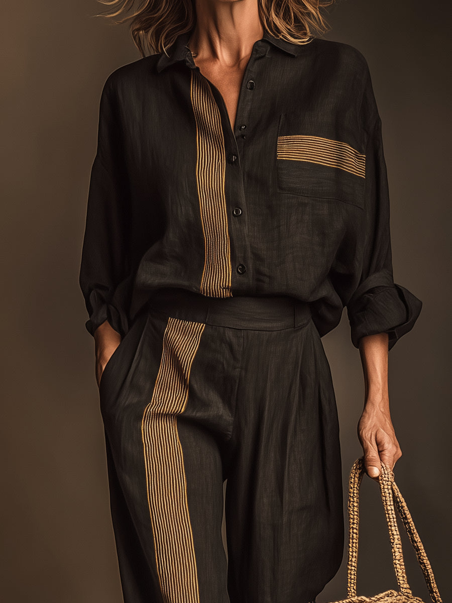 Conjunto de Dos Piezas Retro Negro con color block y a rayas - Negro
