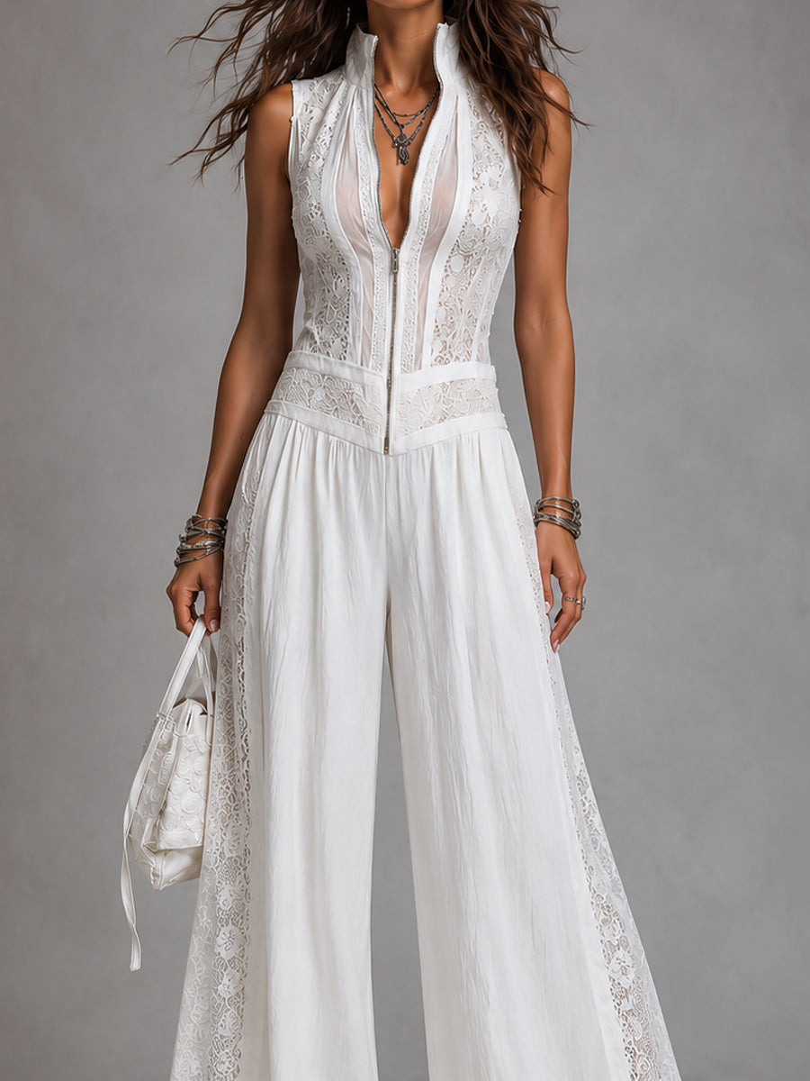 Mono Vintage Blanco con cuello mao, pierna ancha y encaje - Blanco