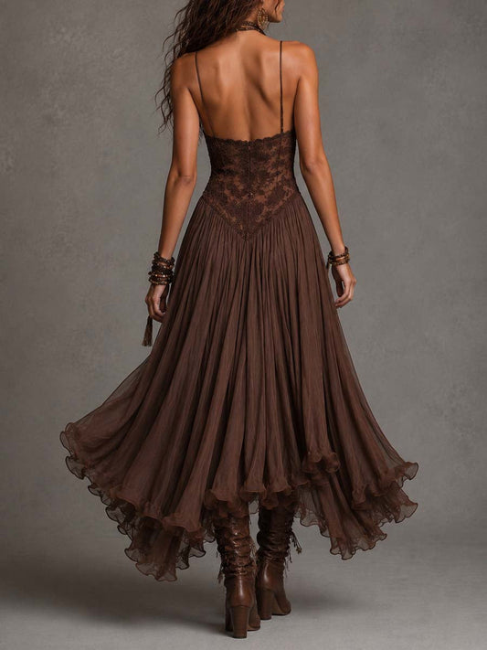 Vestido Largo Marrón con paneles de encaje y gasa - Marrón