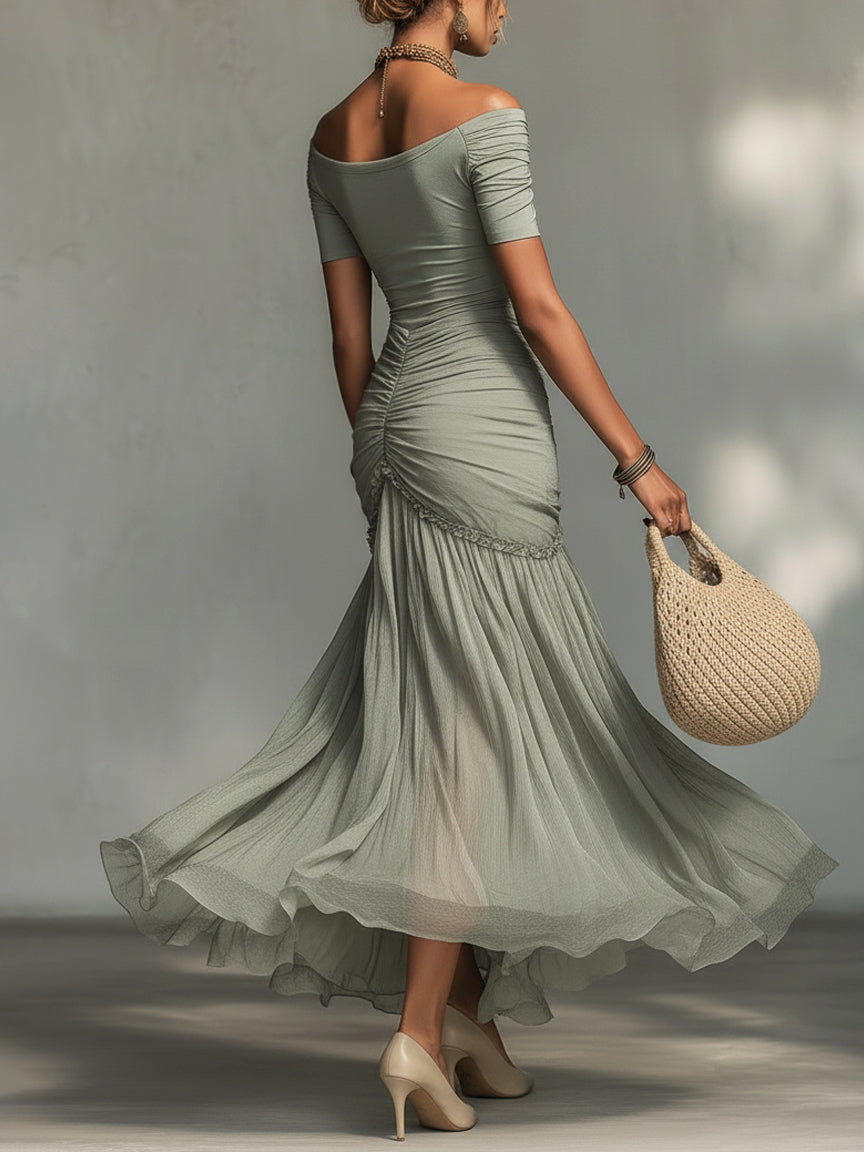 Vestido Largo Gris con gasa - Gris