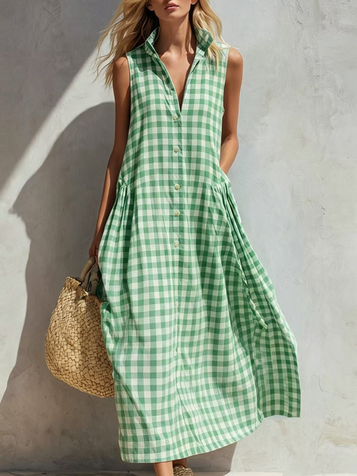 Vestido Largo Playa Corte Holgado con cuadros - Azul Marino