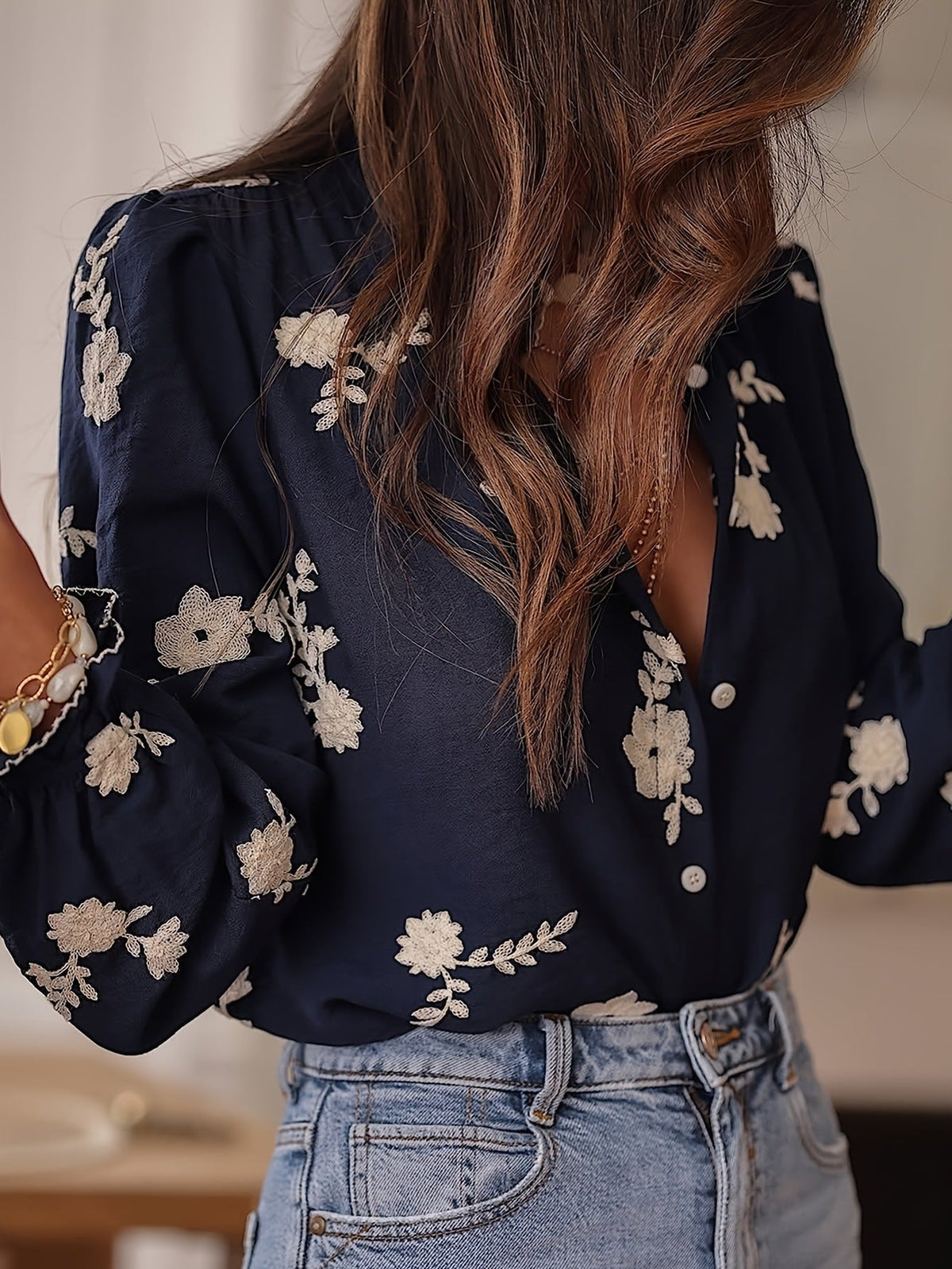 Blusa Manga Larga con bordado y gasa - Azul Marino