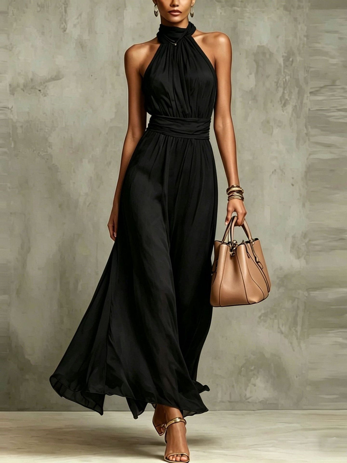 Vestido Largo con gasa, escote halter y liso - Verde