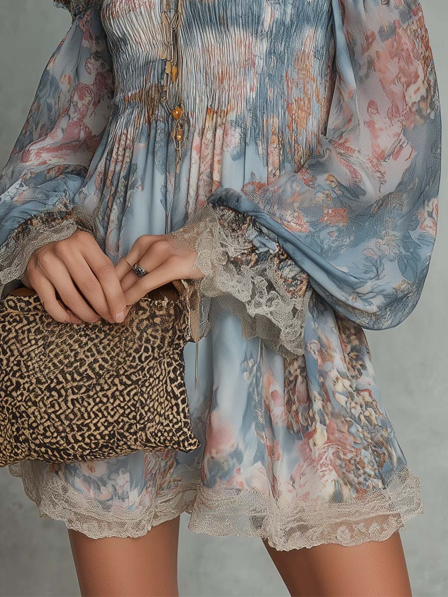 Vestido Estampado Romántico Azul con hombros descubiertos, fruncido, gasa y floral - Azul
