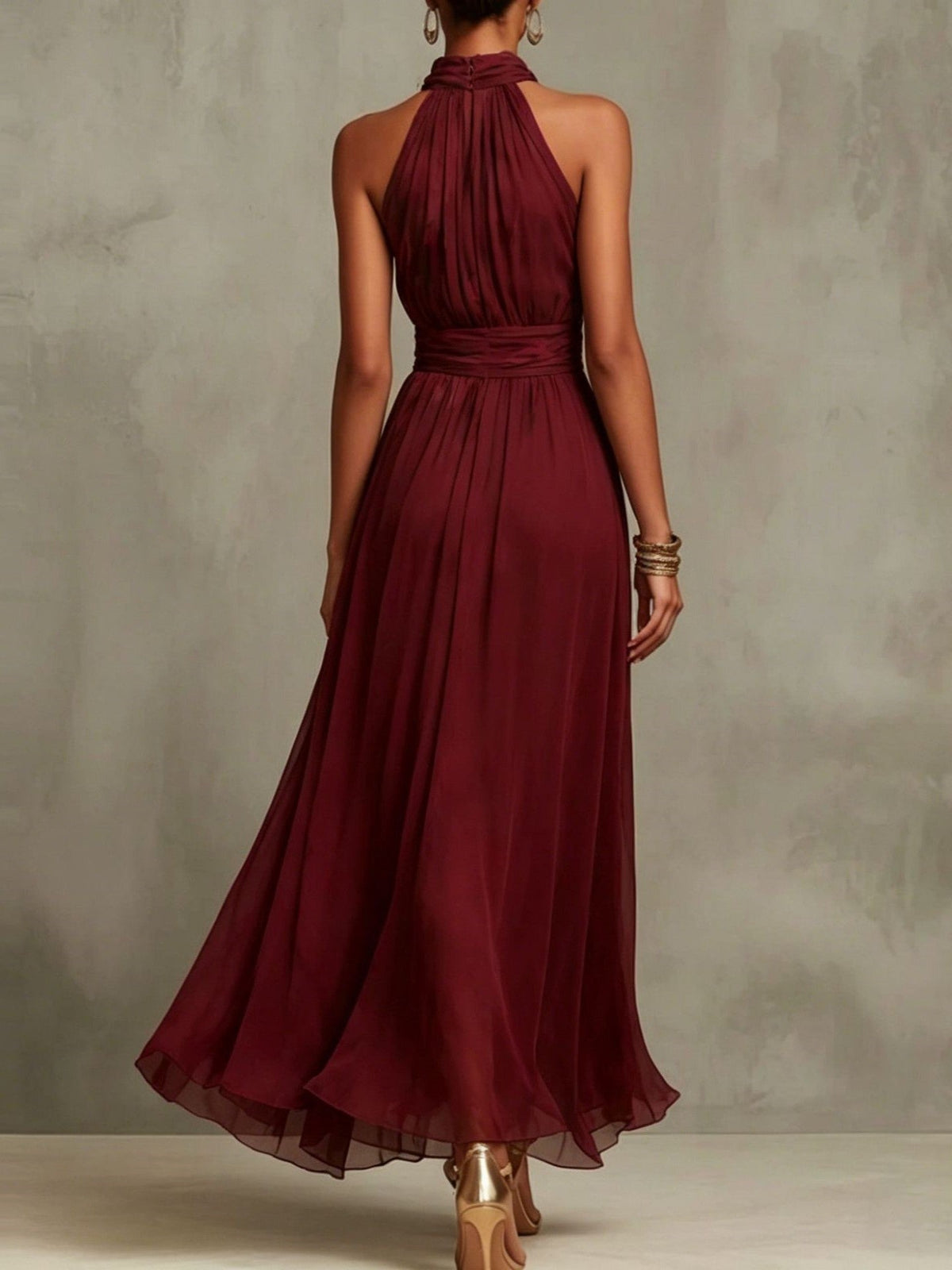 Vestido Largo con gasa, escote halter y liso - Rojo Vino