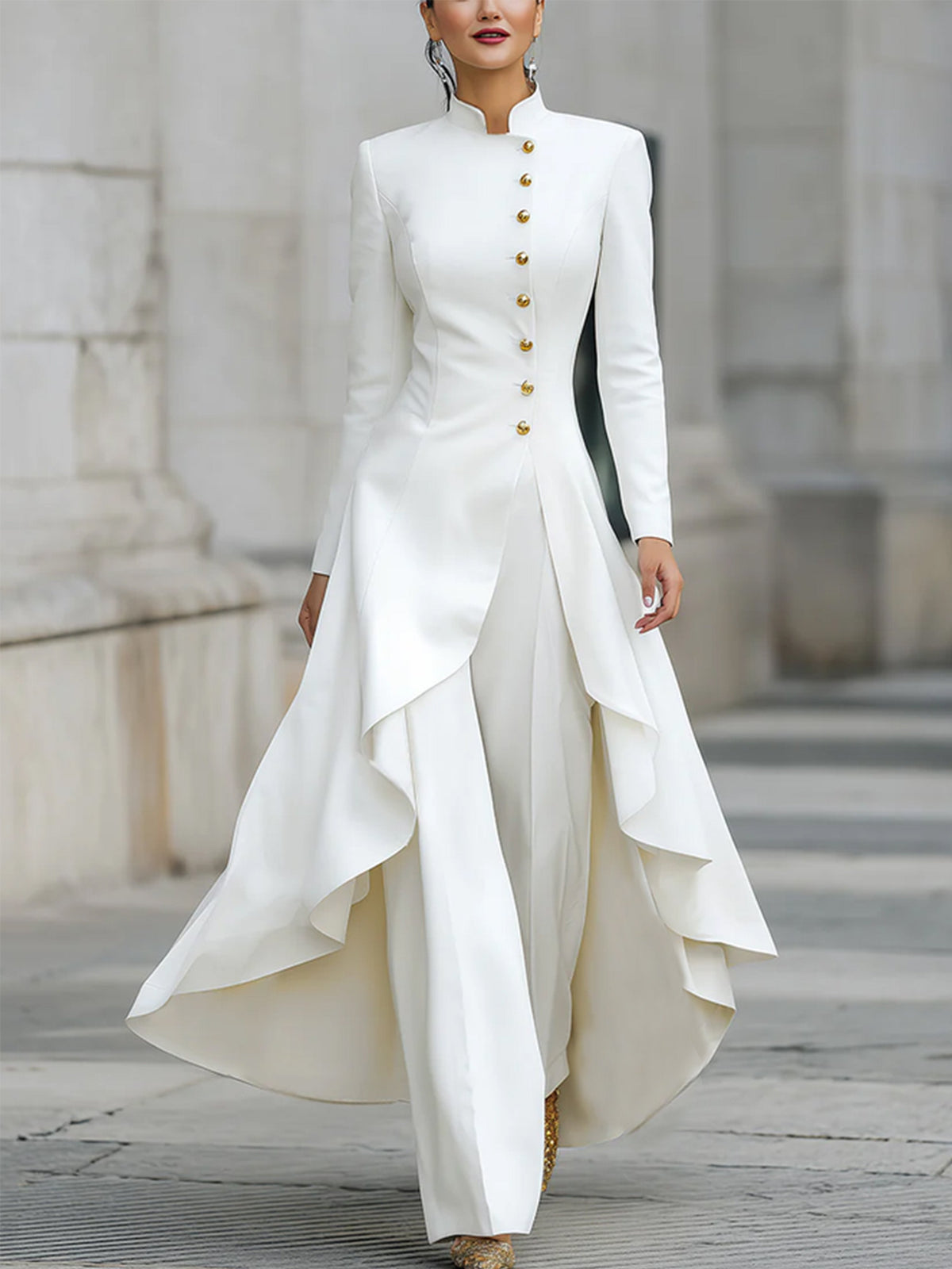 Conjunto Elegante Blanco con cuello mao y pierna ancha - Blanco