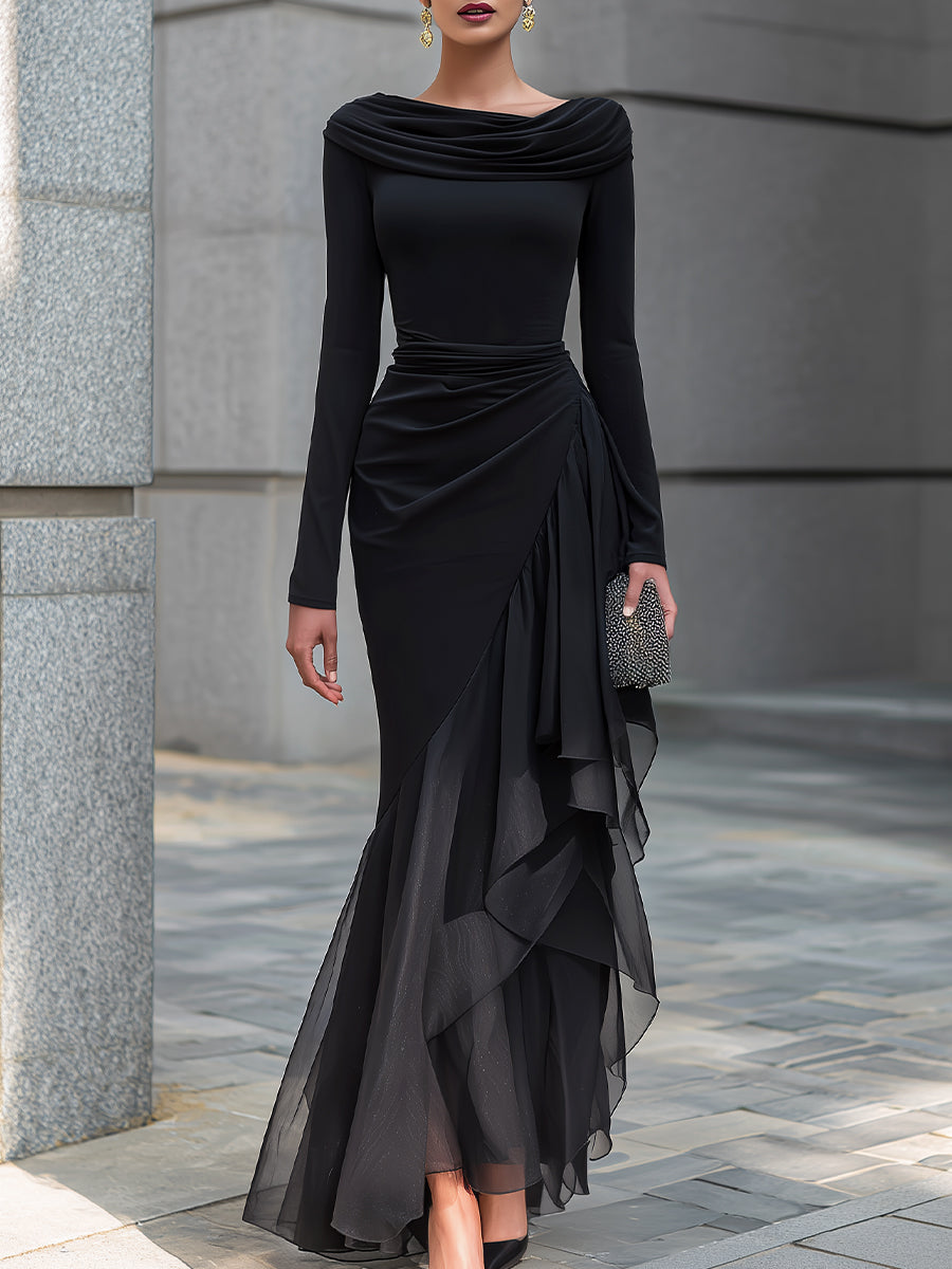 Vestido Largo Negro Manga Larga con drapeado, hombros descubiertos, escote drapeado y gasa - Negro