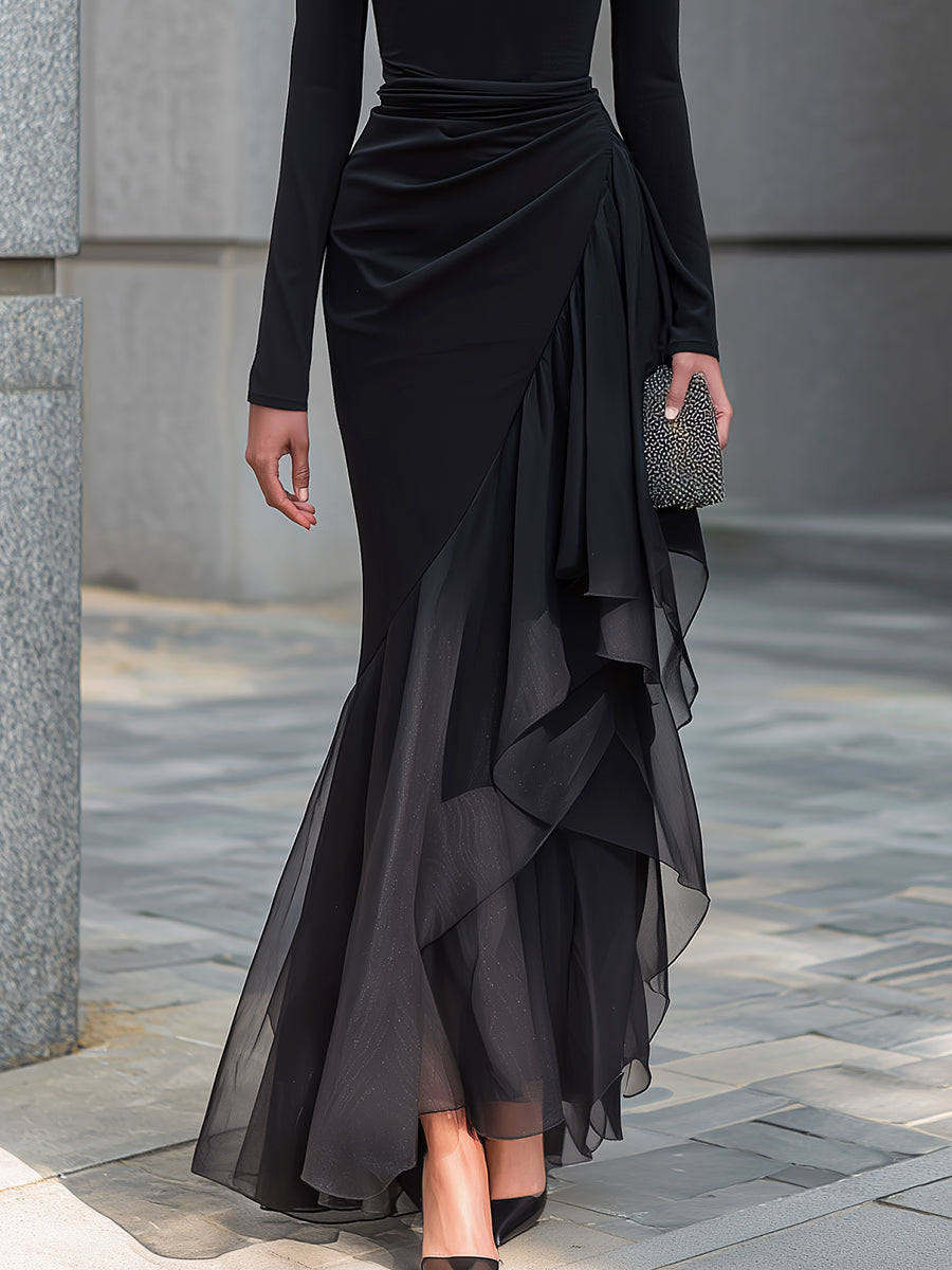 Vestido Largo Negro Manga Larga con drapeado, hombros descubiertos, escote drapeado y gasa - Negro