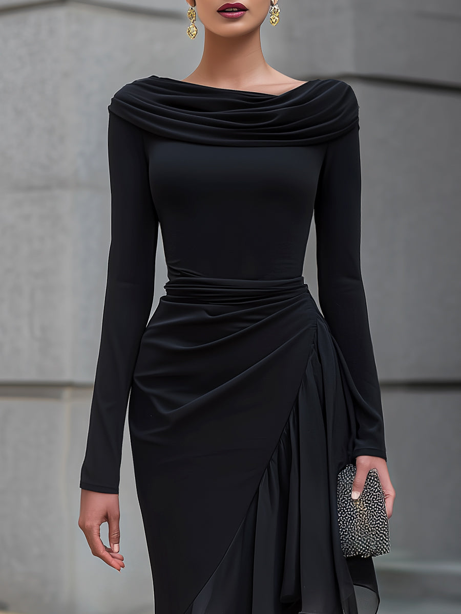 Vestido Largo Negro Manga Larga con drapeado, hombros descubiertos, escote drapeado y gasa - Negro