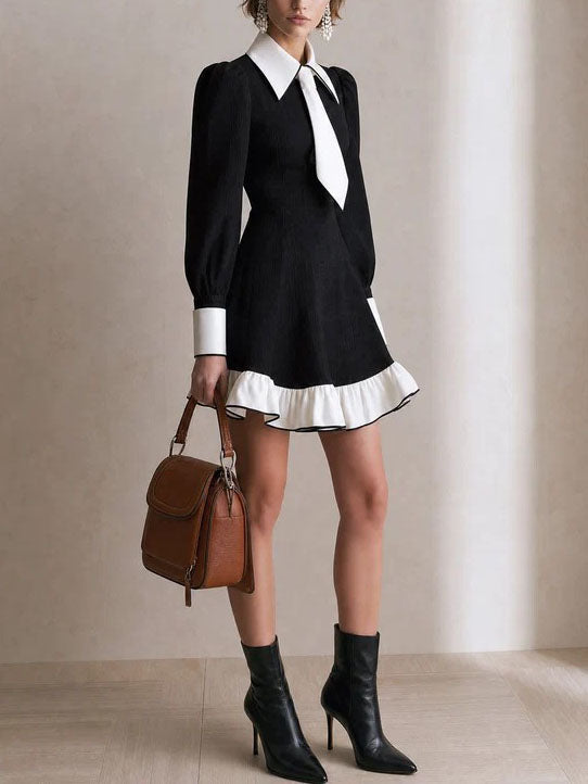 Minivestido Negro con contraste, manga farol, volante y corte en A - Negro