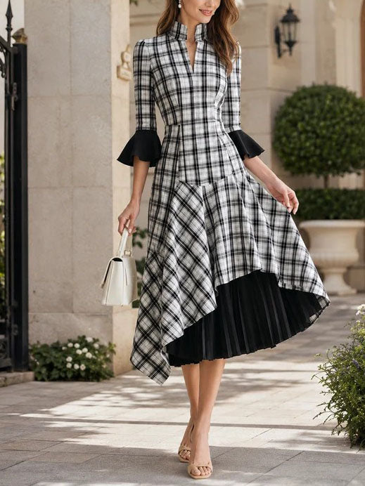 Vestido Midi Oficina Negro con cuadros, cuello mao, manga acampanada y bajo asimétrico - Negro