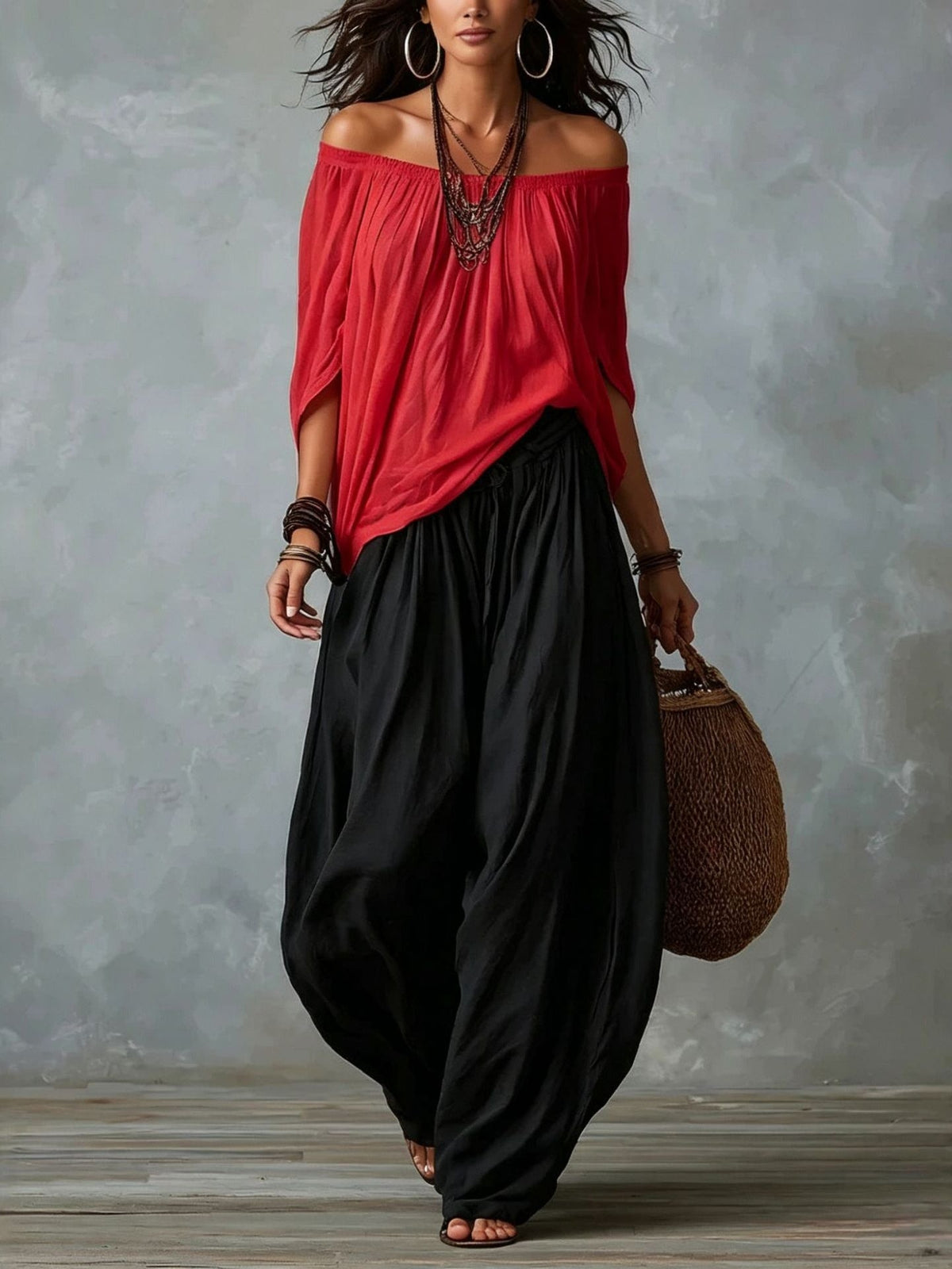 Conjunto de Pantalón Corte Holgado - Negro y Rojo