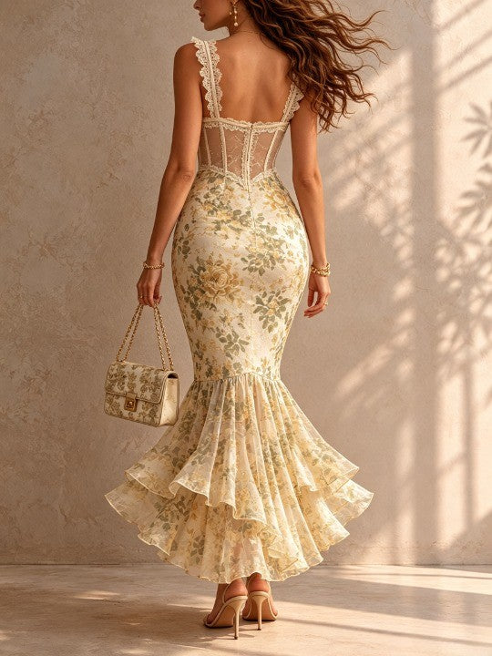 Vestido Estampado Romántico con corte sirena, remate de encaje y floral - Crema