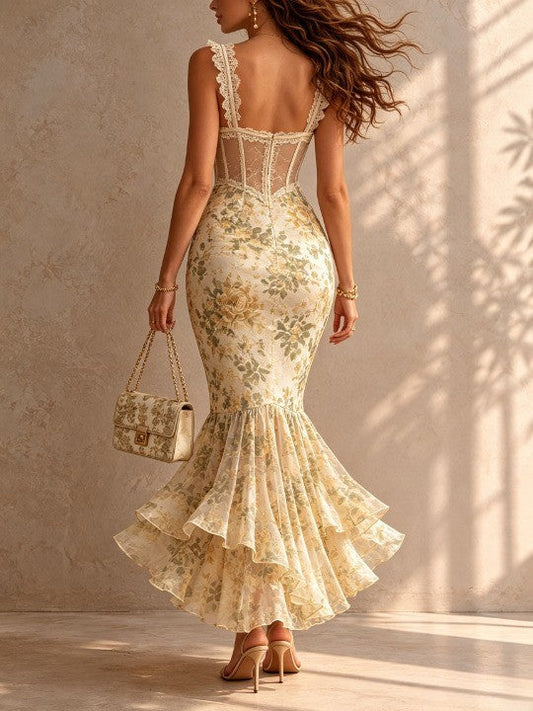 Vestido Estampado Romántico con corte sirena, remate de encaje y floral - Crema