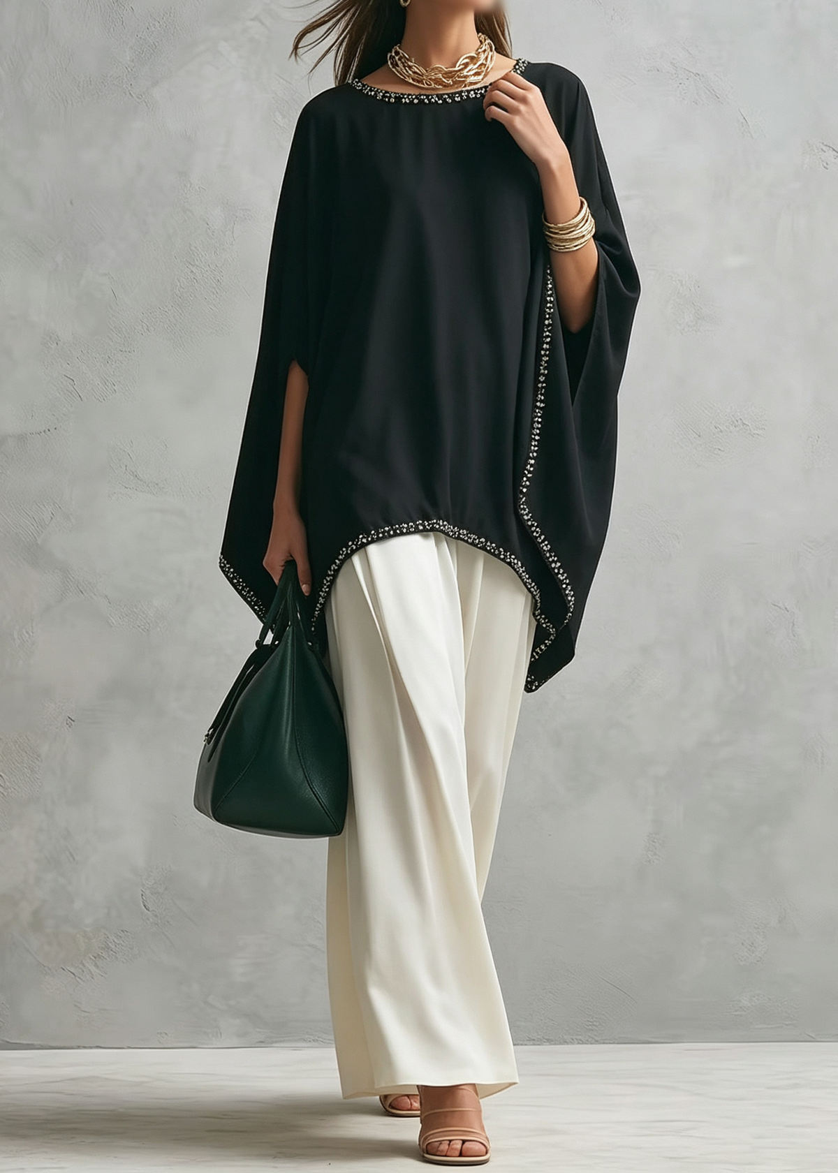 Conjunto de Pantalón Casual Negro Corte Holgado con capa y pierna ancha - Negro