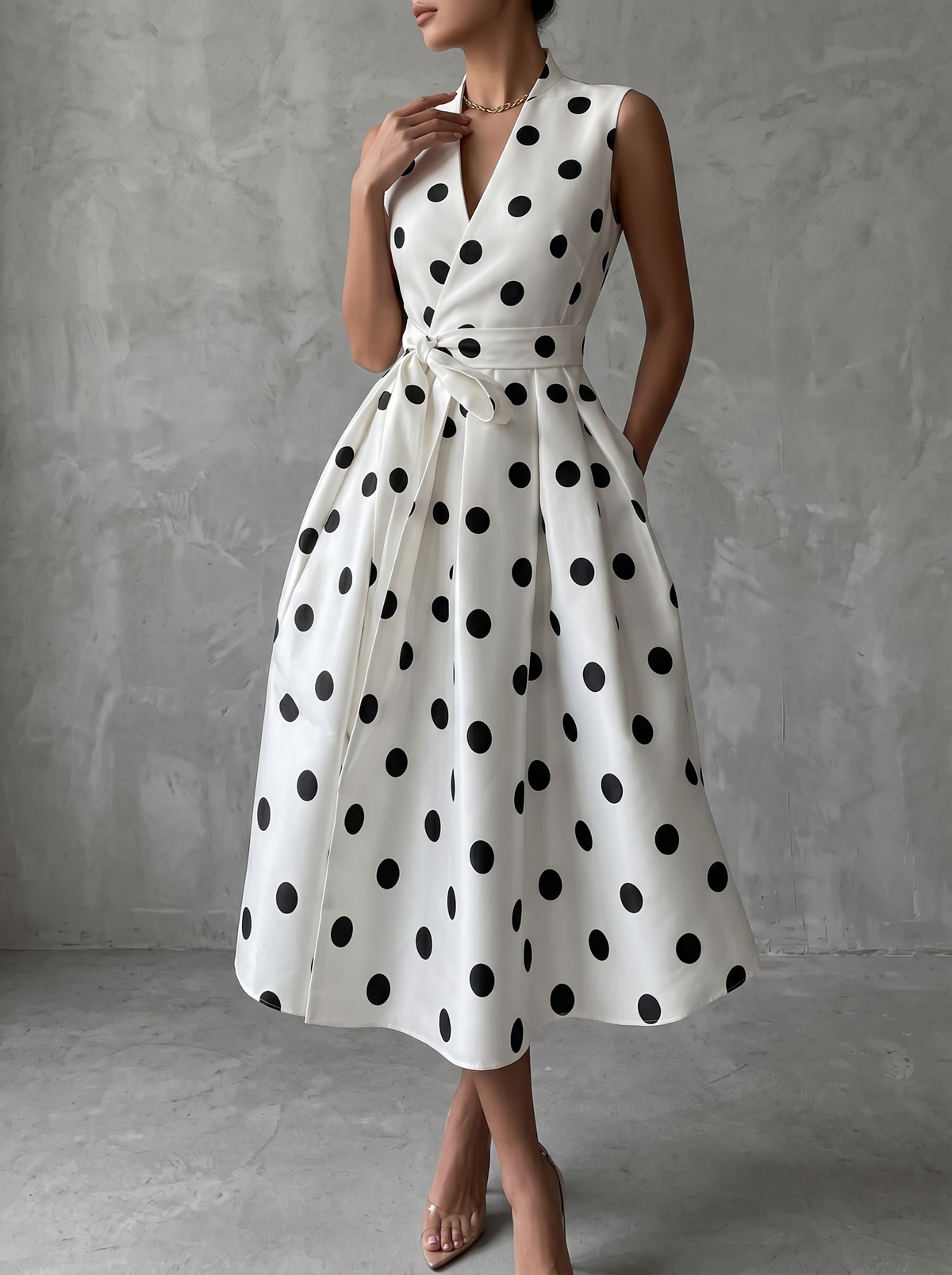 Vestido Midi Blanco Sin Mangas con lunares - Blanco